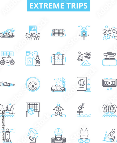 Extreme trips vector line icons set. Adventures, Thrills, Extremities, Expeditions, Explorations, Escapades, Pioneering illustration outline concept symbols and signs