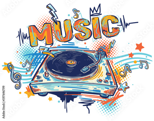 Music - funky colorful turntable graffiti design