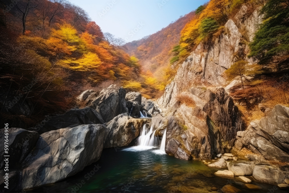 Obraz premium The beautiful scenery of the two-stage waterfall in Bangtae Mountain, Gangwon-do, South Korea in autumn.