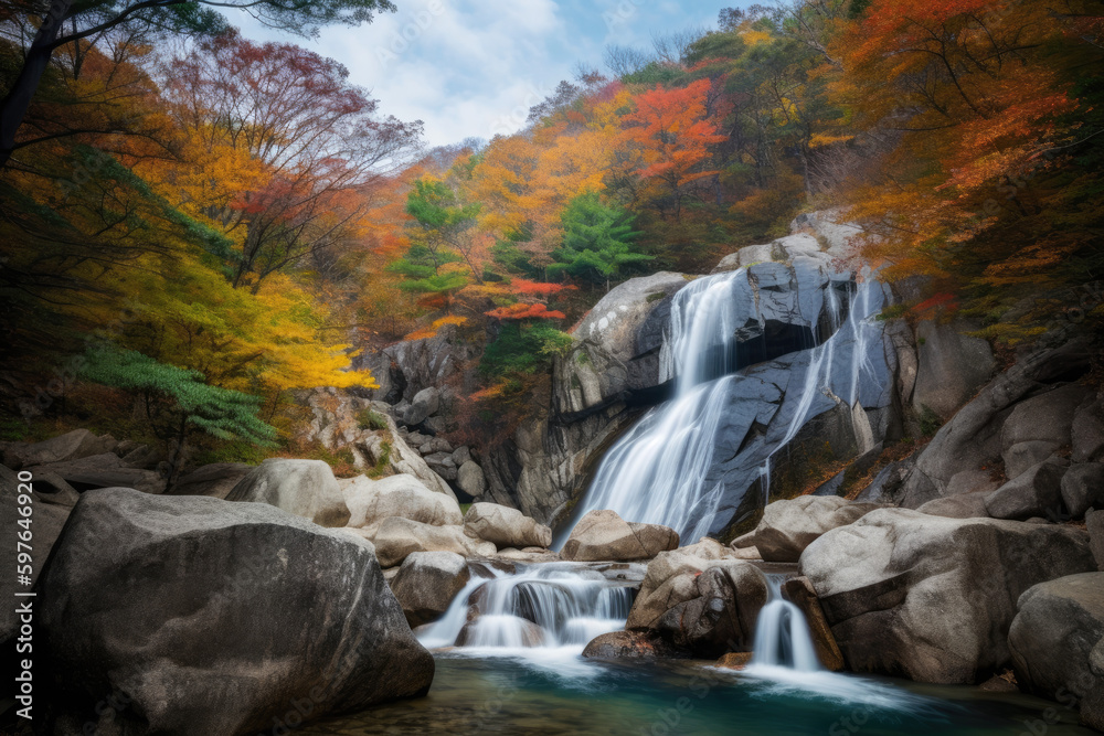 Obraz premium The beautiful scenery of the two-stage waterfall in Bangtae Mountain, Gangwon-do, South Korea in autumn.