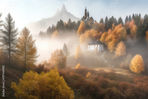 Foggy autumn landscape of a church in Europe.