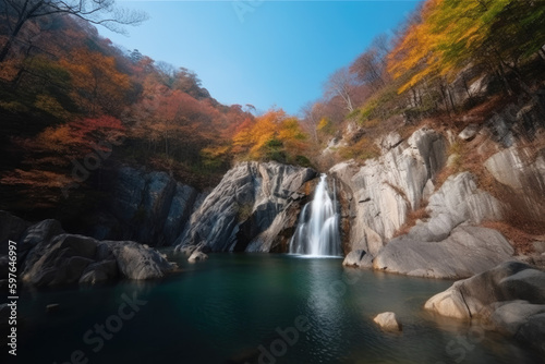 The beautiful scenery of the two-stage waterfall in Bangtae Mountain  Gangwon-do  South Korea in autumn.