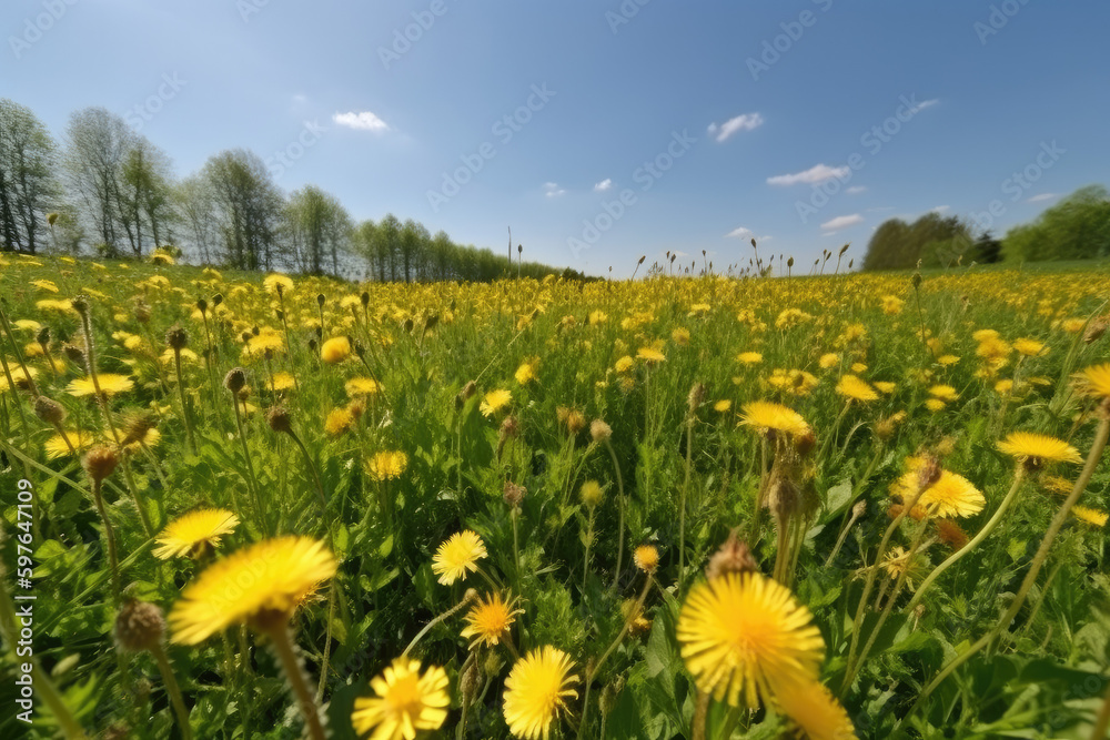 Fototapeta premium Field full of dandelions under blue sky.