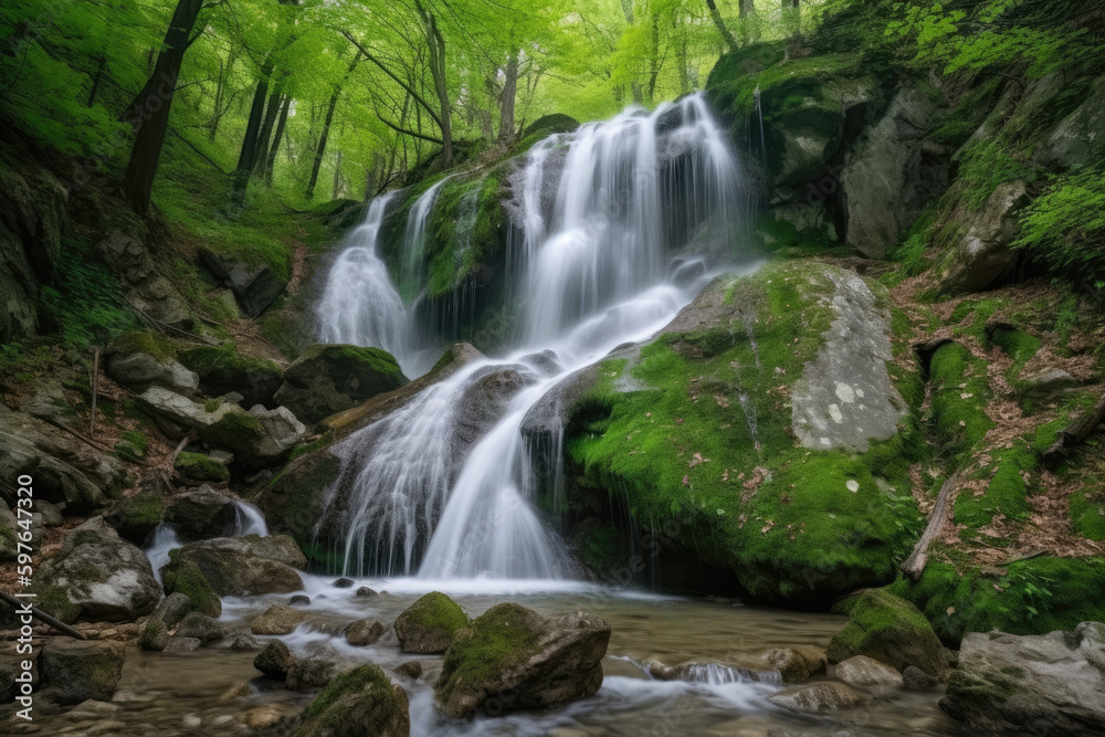 Waterfall in the dense forest in the mountains.