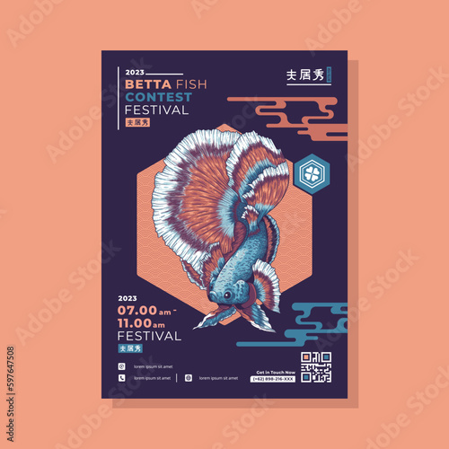 vintage betta fish poster template japanese kanji means fish