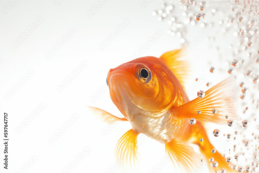 White underwater goldfish with air bubbles.
