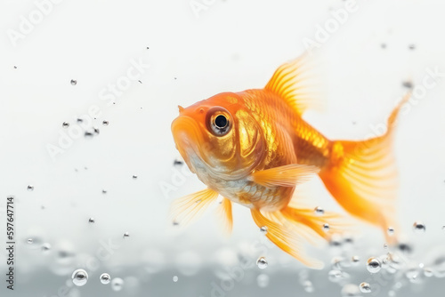 White underwater goldfish with air bubbles.