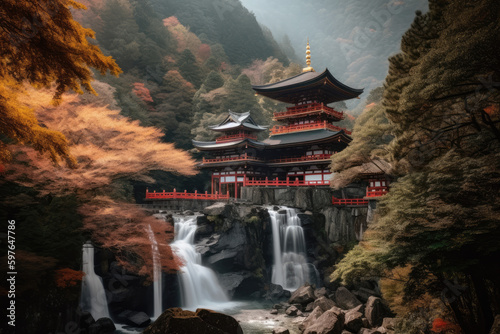 When the seasons change in autumn, Kumano Nachi Taisha Shrine and the waterfalls form a beautiful contrast. photo