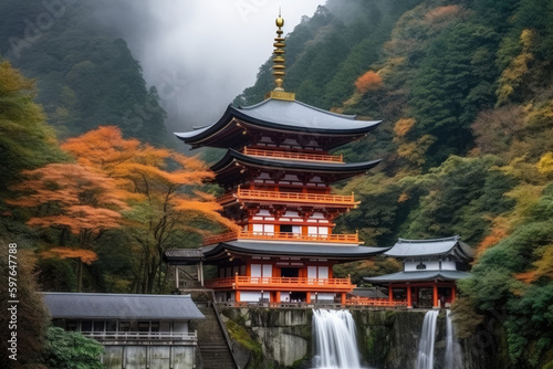 When the seasons change in autumn, Kumano Nachi Taisha Shrine and the waterfalls form a beautiful contrast. photo