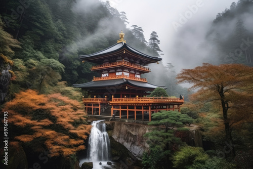 When the seasons change in autumn, Kumano Nachi Taisha Shrine and the waterfalls form a beautiful contrast.