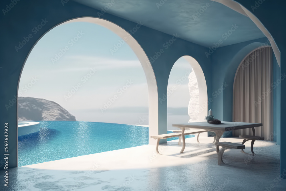 Interior design of empty space, round window with curtains, concrete blue wall, swimming pool with loungers, sea view at sunrise and sunset.
