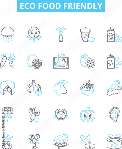 Eco food friendly vector line icons set. Eco-friendly  food  organic  sustainable  natural  green  vegetarian illustration outline concept symbols and signs