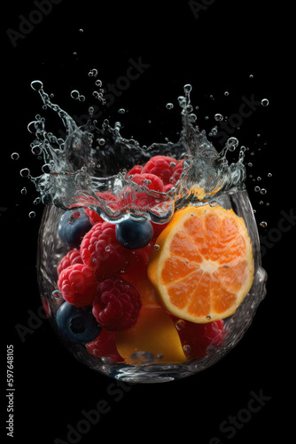 Ultra-realistic fruit drops into the water with splashes.