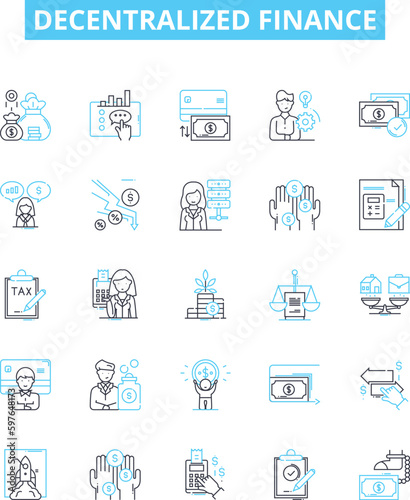 Decentralized finance vector line icons set. DeFi, Blockchain, Crypto, Smart Contracts, Distributed Ledger, Digital Currencies, Cryptocurrency illustration outline concept symbols and signs