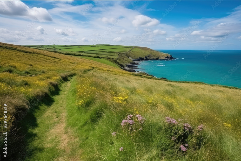 Landscape of the green rural Cornish hillside meadow and the turquoise sea Cornwall England UK