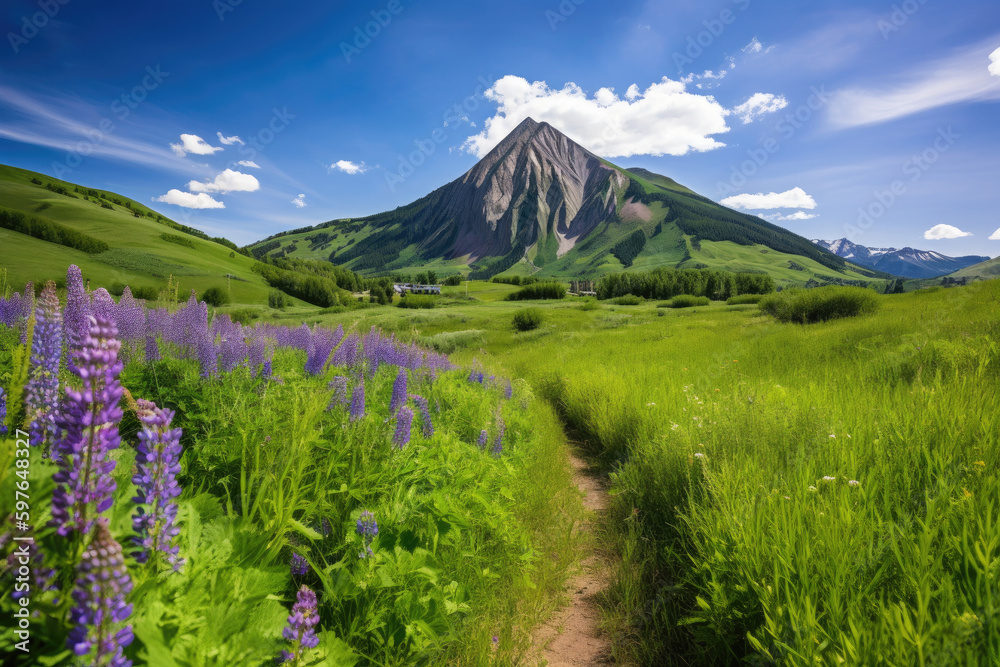 Fototapeta premium Wide angle foreground of green grass and purple blue lupine flowers in Colorado summer background