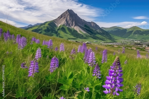 Wide angle foreground of green grass and purple blue lupine flowers in Colorado summer background