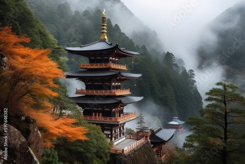 When the seasons change in autumn, Kumano Nachi Taisha Shrine and the waterfalls form a beautiful contrast.