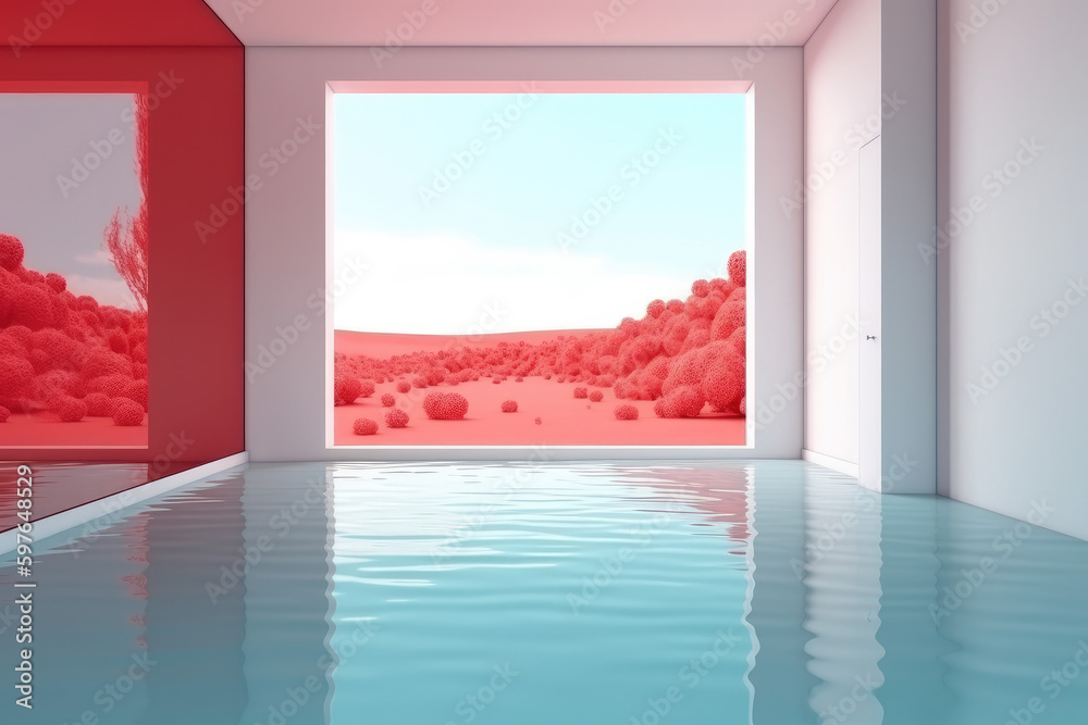 Minimalistic Empty White Room with a Water Swimming Pool and an Abstract Surreal Red Desert Environment on a blue sky background.