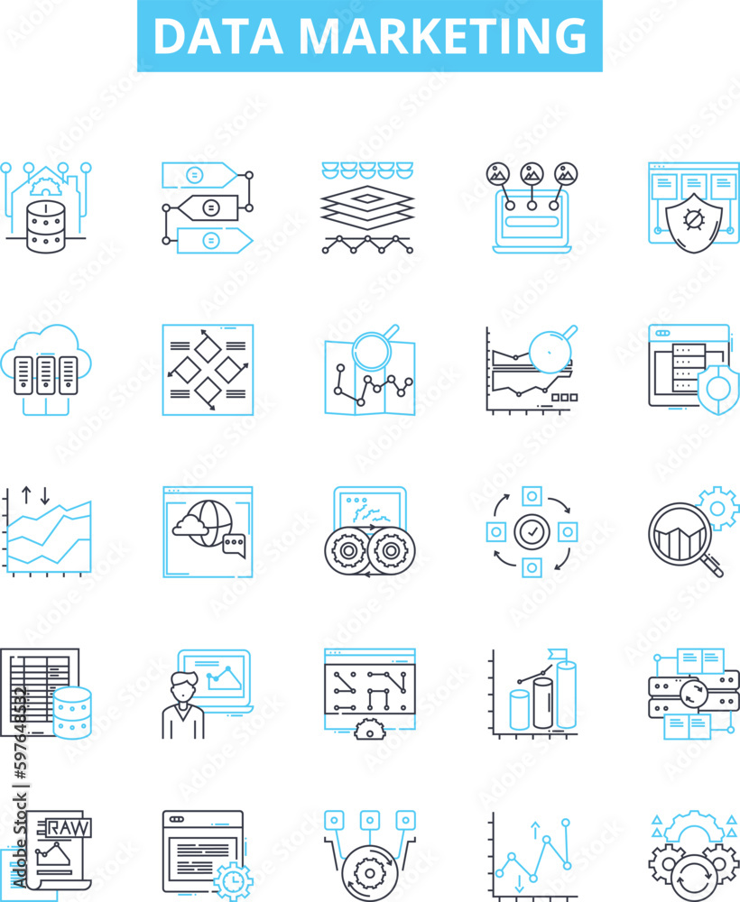 Data marketing vector line icons set. Data, Marketing, Analytics, Automation, Email, Social, Segmentation illustration outline concept symbols and signs Data marketing vector line icons set. Data, Marketing, Analytics, Automation, Email, Social, Segmentation illustration outline concept symbols and signs