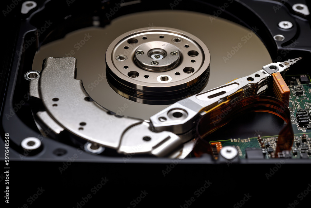 Macro shot of an opened hard drive. Macro shot of an opened hard drive.