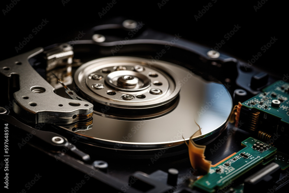 Macro shot of an opened hard drive. Macro shot of an opened hard drive.