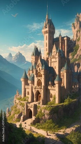 Landscape of a forbidden Romanesque architecture style castle high up in the mountains - Generative AI Illustration