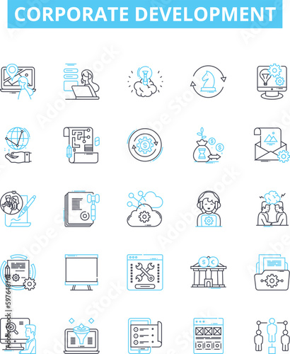 Corporate development vector line icons set. Corporate, development, strategy, planning, organization, reorganization, expansion illustration outline concept symbols and signs