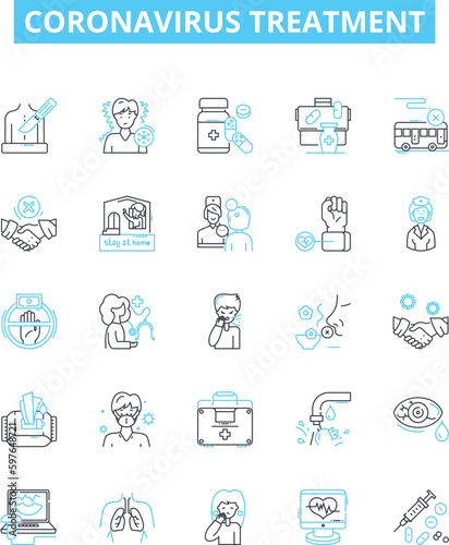 Coronavirus treatment vector line icons set. Vaccine, Medicine, Antivirals, Remdesivir, Hydroxychloroquine, Plasma, Corticosteroids illustration outline concept symbols and signs