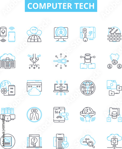 Computer tech vector line icons set. Computer, Tech, Networking, Programming, Software, Hardware, Cybersecurity illustration outline concept symbols and signs