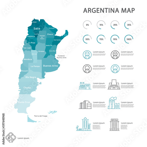 Argentina map and infographic of provinces, political maps of argentina south america - Vector File