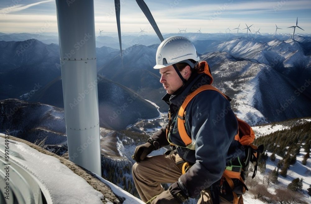 young wind turbine maintenance engineer, mountain top. breathtaking, mountainous landscape, stunning background, turbine blades rotate in the wind, generated in AI