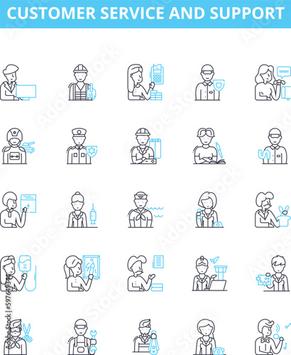 Customer service and support vector line icons set. Customer, Service, Support, Help, Assistance, Inquiry, Query illustration outline concept symbols and signs