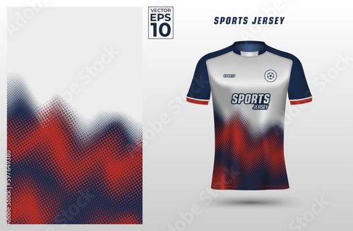 T-shirt sport jersey design template with geometric halftone background. Sport uniform in front view. Shirt mock up for sport club. Vector Illustration