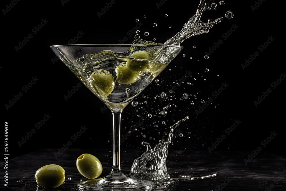 Martini cocktail with splash. Generative AI Martini cocktail with splash. Generative AI