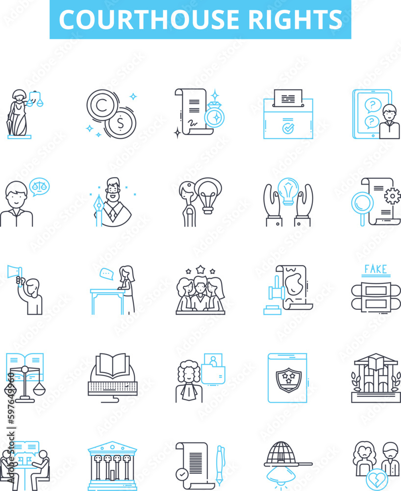 Courthouse rights vector line icons set. Lawyer, Garnishment, Due, Process, Courtroom, Liability, Equity illustration outline concept symbols and signs Courthouse rights vector line icons set. Lawyer, Garnishment, Due, Process, Courtroom, Liability, Equity illustration outline concept symbols and signs