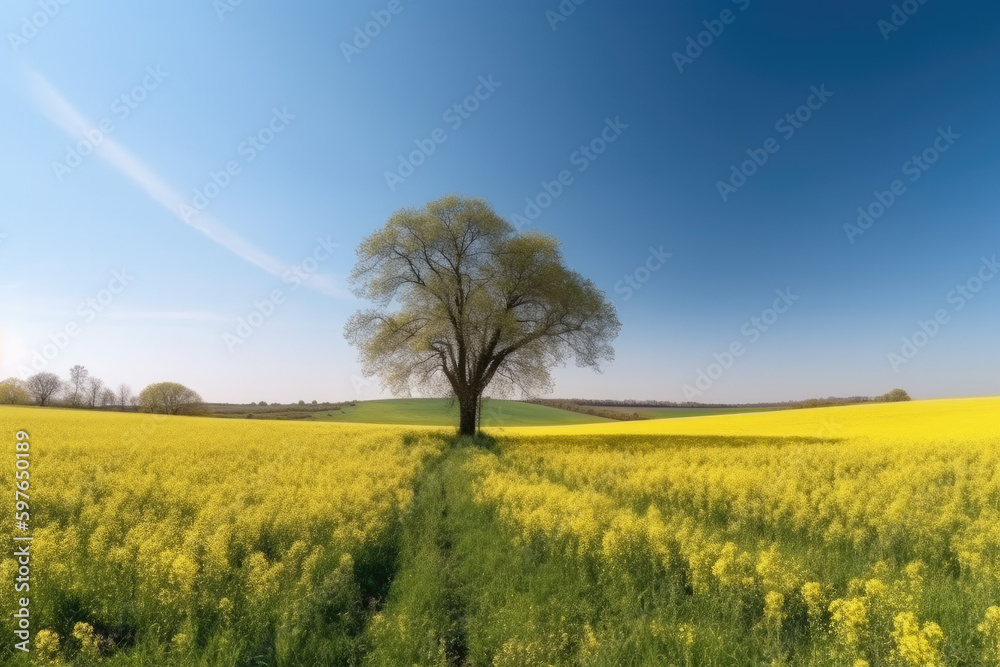 Panoramic view of spring grass and oak trees in canola field under blue sky Panoramic view of spring grass and oak trees in canola field under blue sky