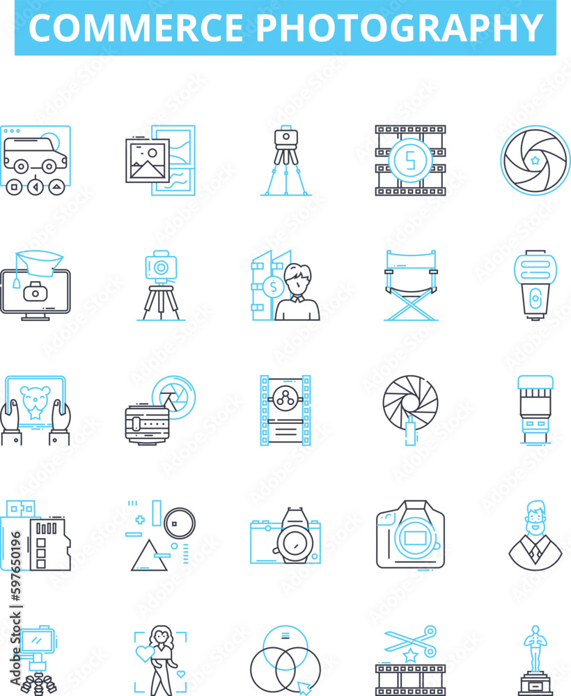Commerce photography vector line icons set. Commerce, Photography, Portrait, Landscape, Wildlife, Nature, Still life illustration outline concept symbols and signs Commerce photography vector line icons set. Commerce, Photography, Portrait, Landscape, Wildlife, Nature, Still life illustration outline concept symbols and signs