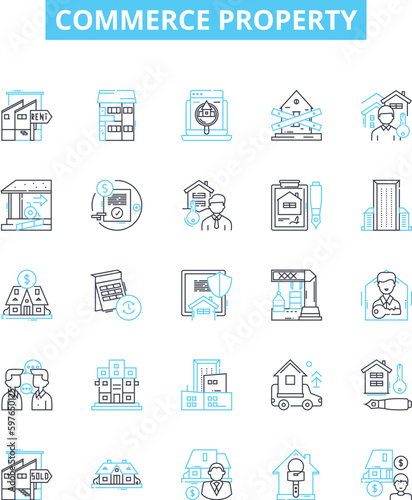 Commerce property vector line icons set. Commerce  Property  Real estate  Commercial  Residential  Property management  Property development illustration outline concept symbols and signs