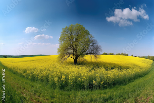 Panoramic view of spring grass and oak trees in canola field under blue sky