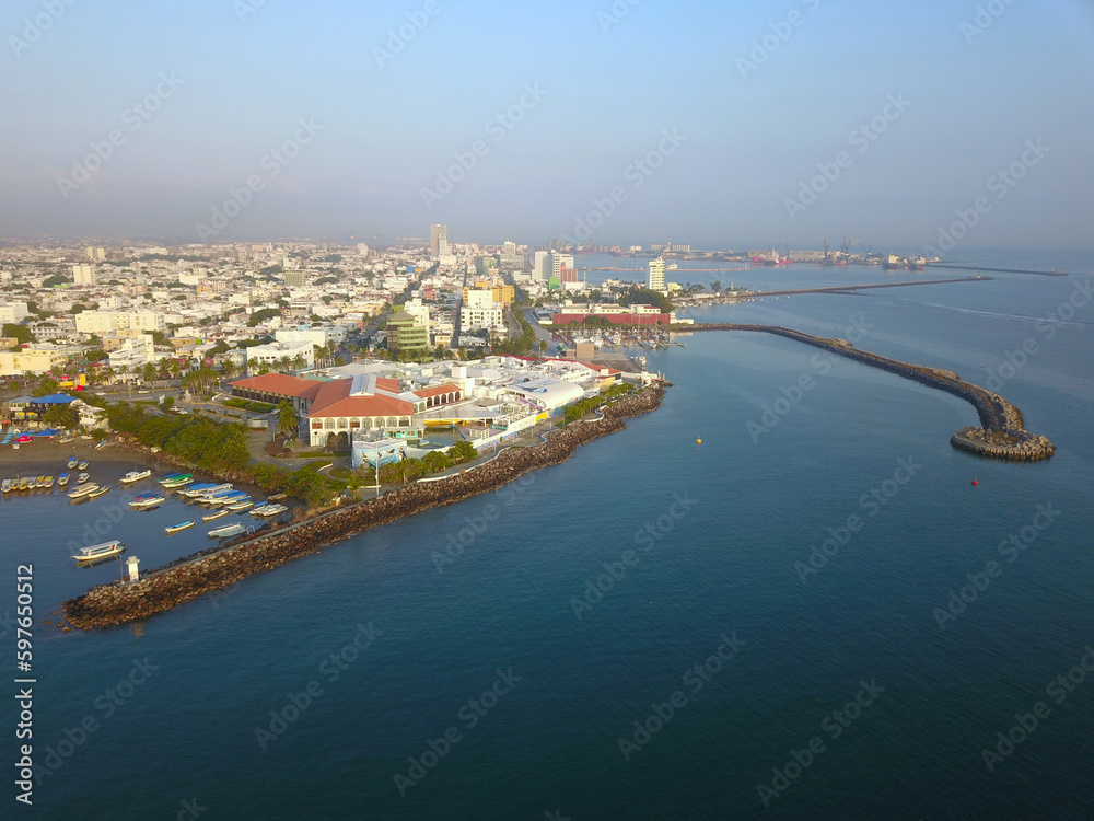 Aerial View of Veracruz Port from the Sea with Drone