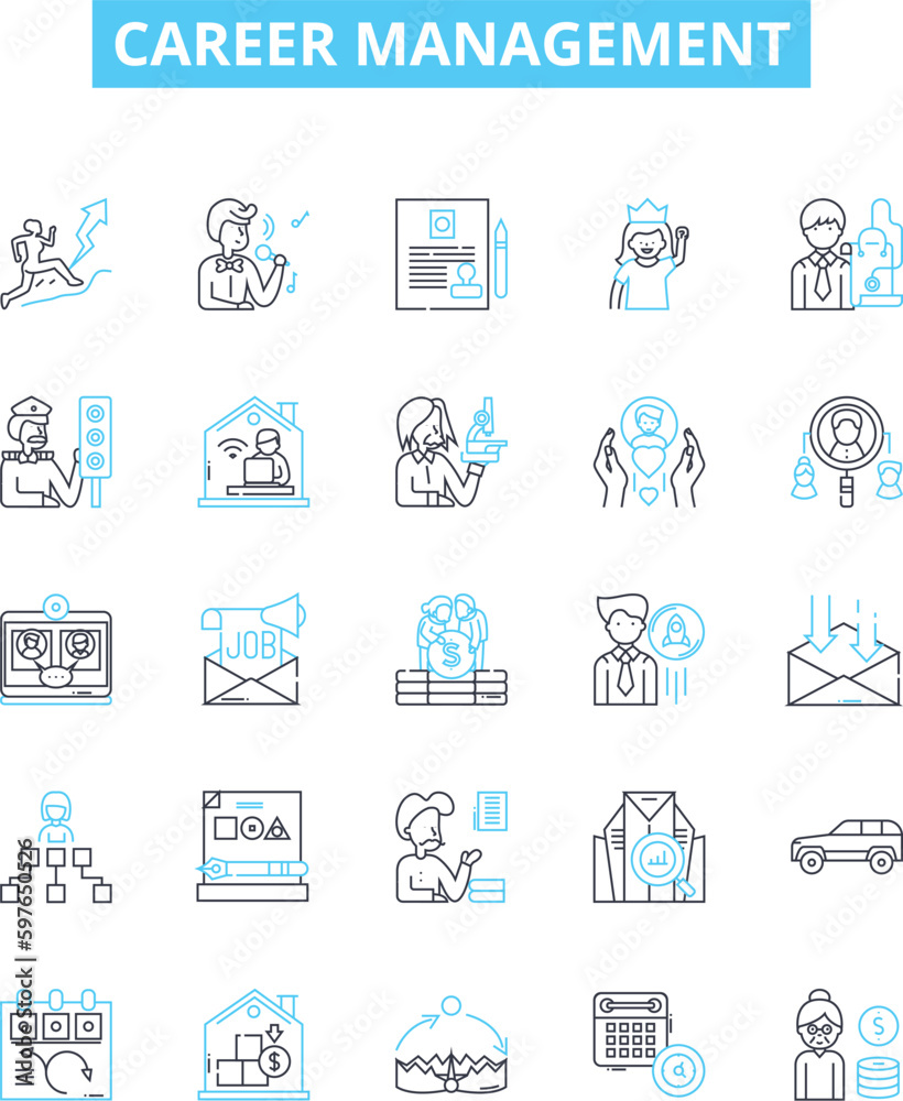 career management vector line icons set. Job, Search, Training, Networking, Resume, Developing, Goals illustration outline concept symbols and signs career management vector line icons set. Job, Search, Training, Networking, Resume, Developing, Goals illustration outline concept symbols and signs