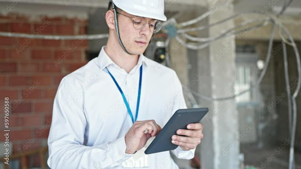 Young hispanic man architect standing with relaxed expression using touchpad at construction site Young hispanic man architect standing with relaxed expression using touchpad at construction site