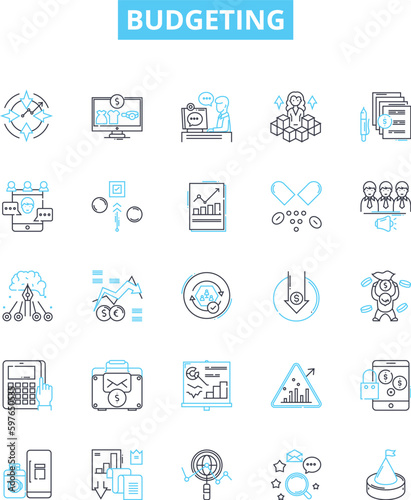 Budgeting vector line icons set. budgeting, plan, finance, money, saving, cost, income illustration outline concept symbols and signs