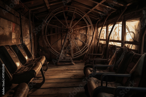 An image of an old, rusted Ferris wheel and chairs inside an of abandoned place - Generative AI