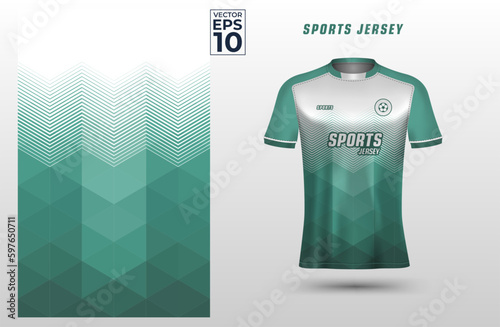 Green white t-shirt sport design template with geometric triangles pattern for soccer jersey. Sport uniform in front view. Shirt mock up for sport club. Vector Illustration	