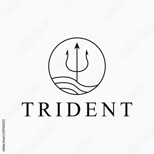 illustration vector graphic trident neptune logo design minimalist with circle and waves beach