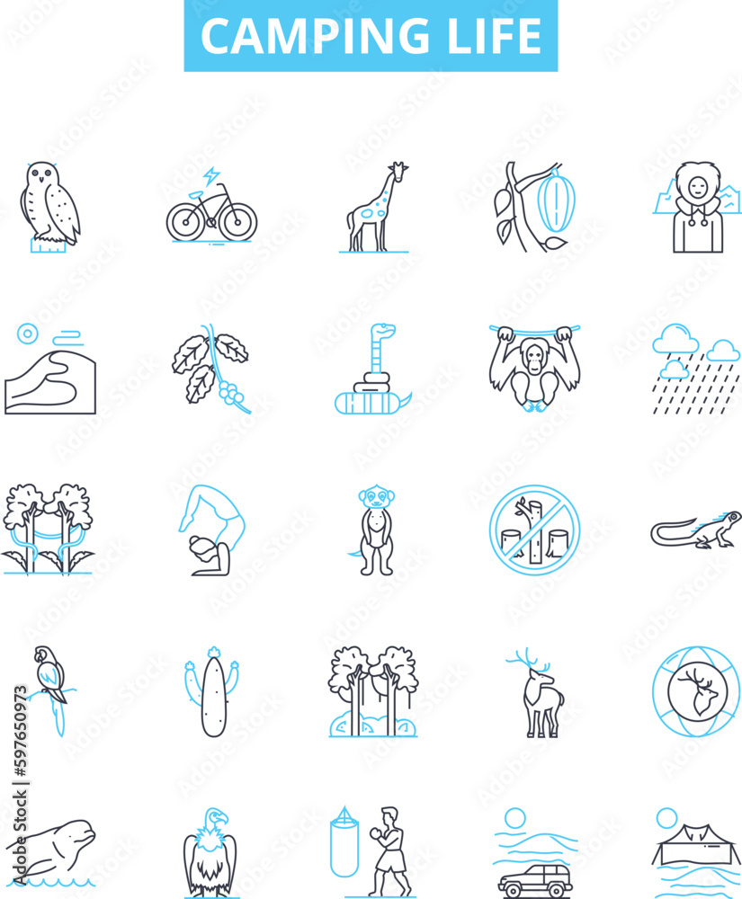 Camping life vector line icons set. Camping, Life, Outdoors, Tent, Sleeping, Bag, Hammock illustration outline concept symbols and signs Camping life vector line icons set. Camping, Life, Outdoors, Tent, Sleeping, Bag, Hammock illustration outline concept symbols and signs