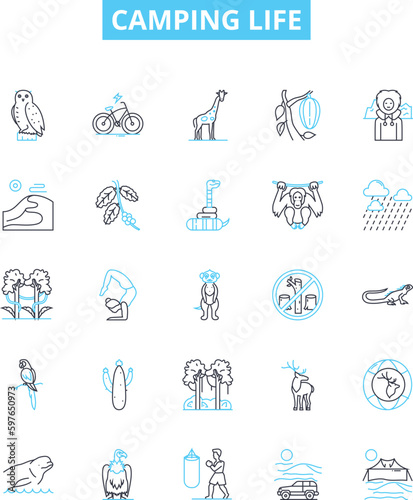 Camping life vector line icons set. Camping, Life, Outdoors, Tent, Sleeping, Bag, Hammock illustration outline concept symbols and signs