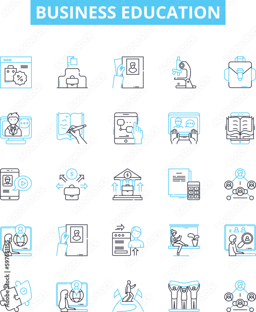 Business education vector line icons set. Business, Education, MBA, Entrepreneurship, Leadership, Finance, Management illustration outline concept symbols and signs Business education vector line icons set. Business, Education, MBA, Entrepreneurship, Leadership, Finance, Management illustration outline concept symbols and signs